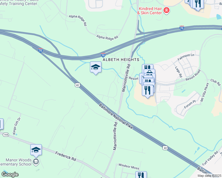 map of restaurants, bars, coffee shops, grocery stores, and more near 11441 Starlight Place in Marriottsville