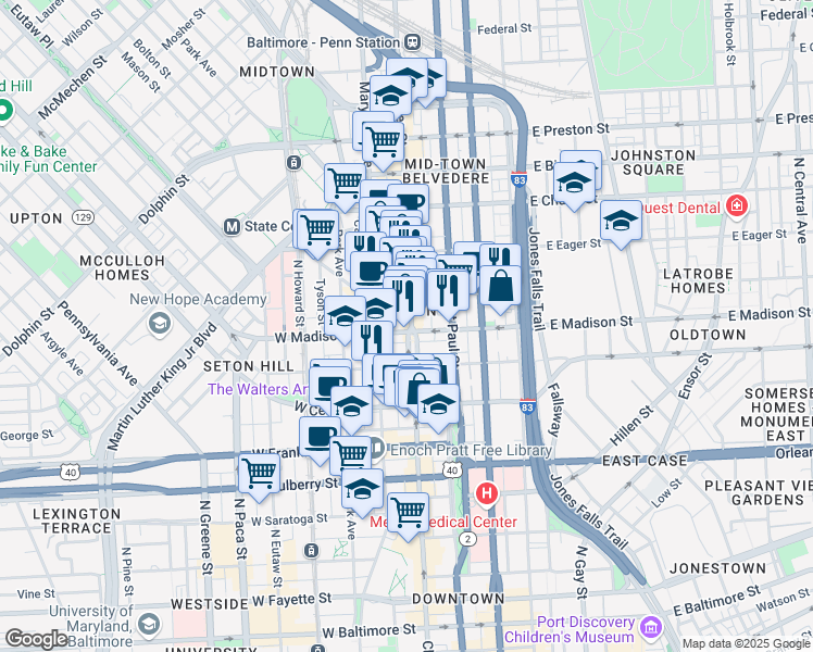 map of restaurants, bars, coffee shops, grocery stores, and more near 800 North Charles Street in Baltimore