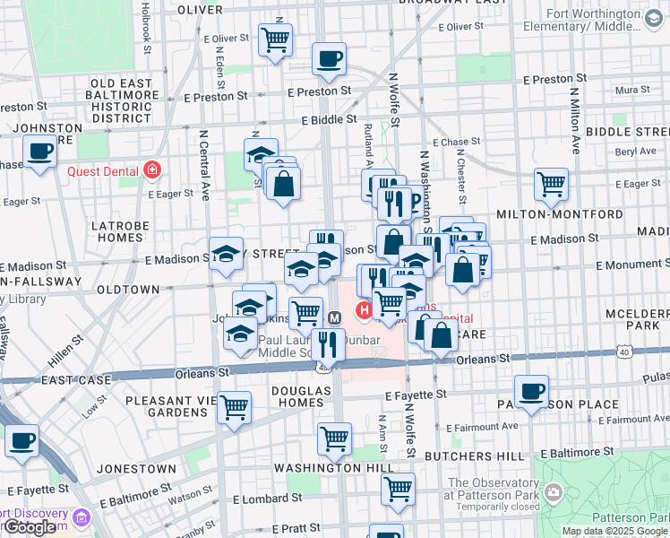 map of restaurants, bars, coffee shops, grocery stores, and more near 733 North Broadway in Baltimore