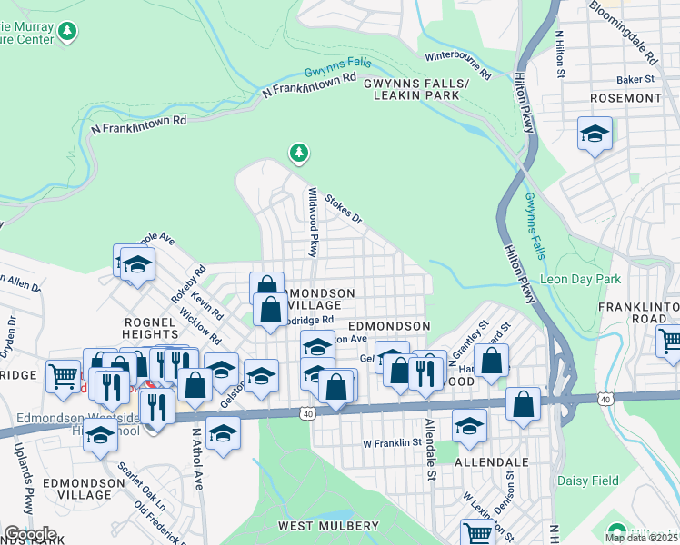 map of restaurants, bars, coffee shops, grocery stores, and more near 3918 Flowerton Road in Baltimore