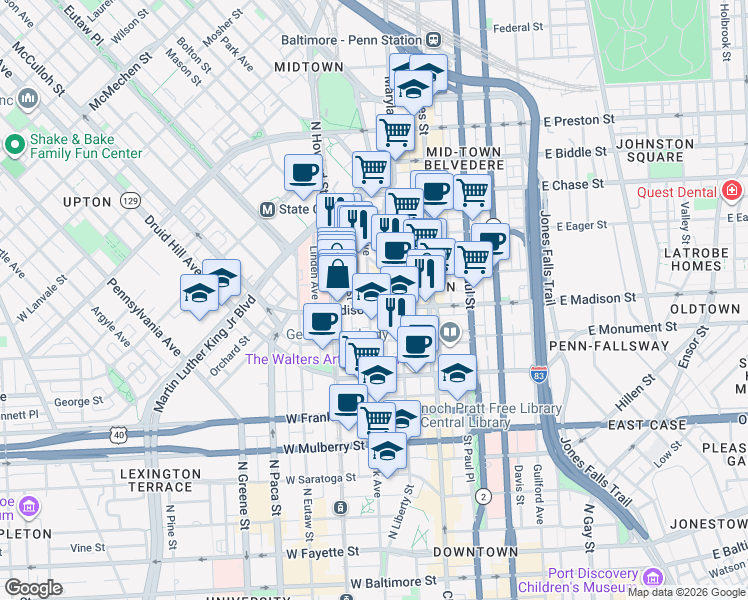 map of restaurants, bars, coffee shops, grocery stores, and more near 807 Park Avenue in Baltimore