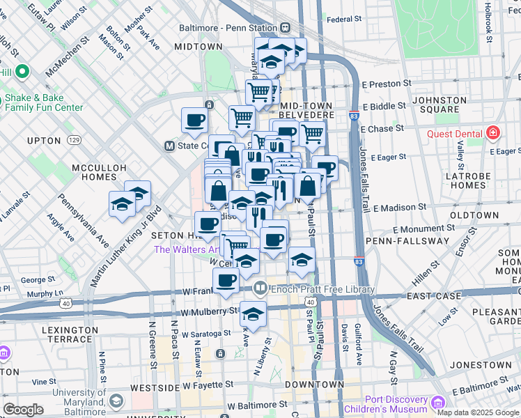 map of restaurants, bars, coffee shops, grocery stores, and more near 804 Cathedral Street in Baltimore