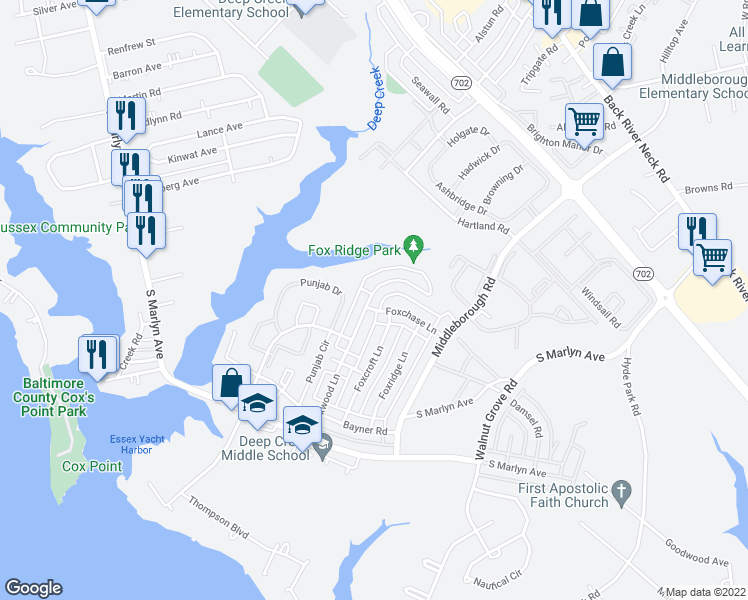 map of restaurants, bars, coffee shops, grocery stores, and more near 1157 Foxwood Lane in Essex