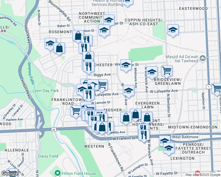 map of restaurants, bars, coffee shops, grocery stores, and more near 920 Ashburton Street in Baltimore