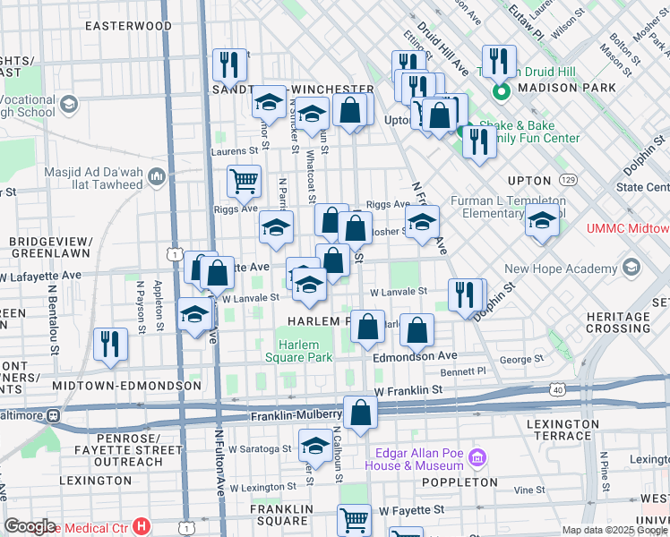map of restaurants, bars, coffee shops, grocery stores, and more near 1319 West Lafayette Avenue in Baltimore