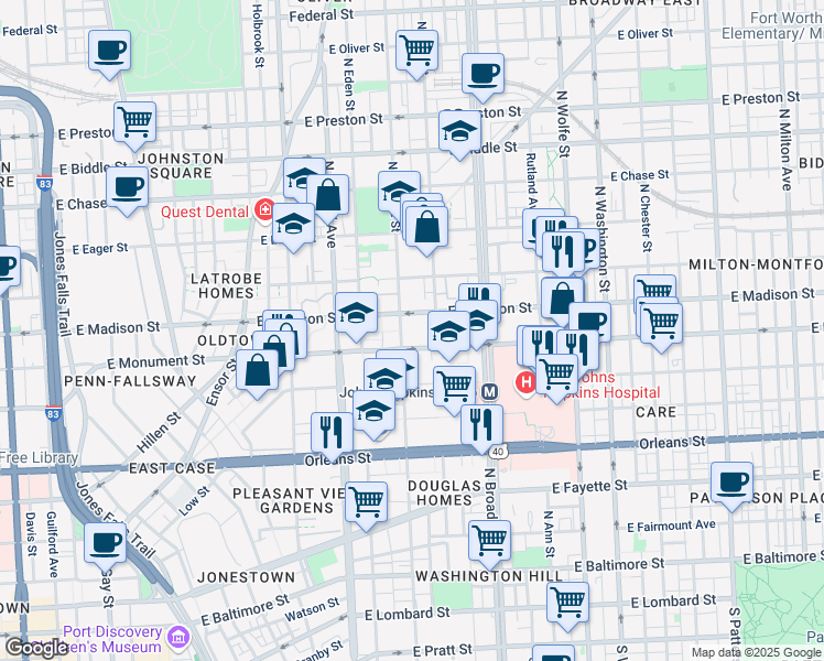 map of restaurants, bars, coffee shops, grocery stores, and more near 1506 Lester Morton Court in Baltimore