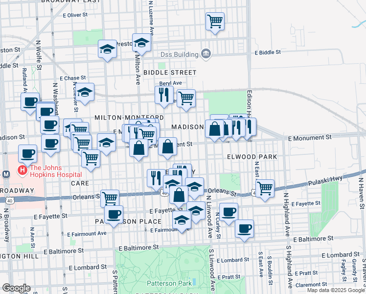 map of restaurants, bars, coffee shops, grocery stores, and more near 2721 East Monument Street in Baltimore