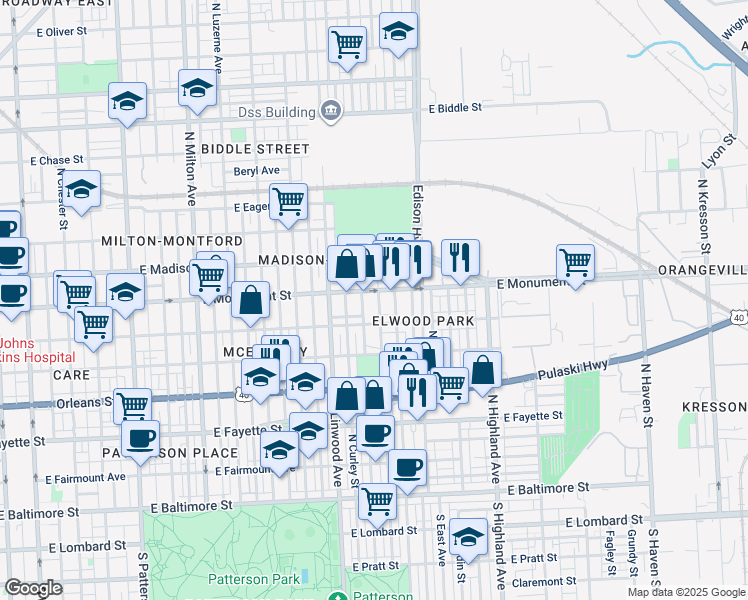 map of restaurants, bars, coffee shops, grocery stores, and more near 626 North Decker Avenue in Baltimore