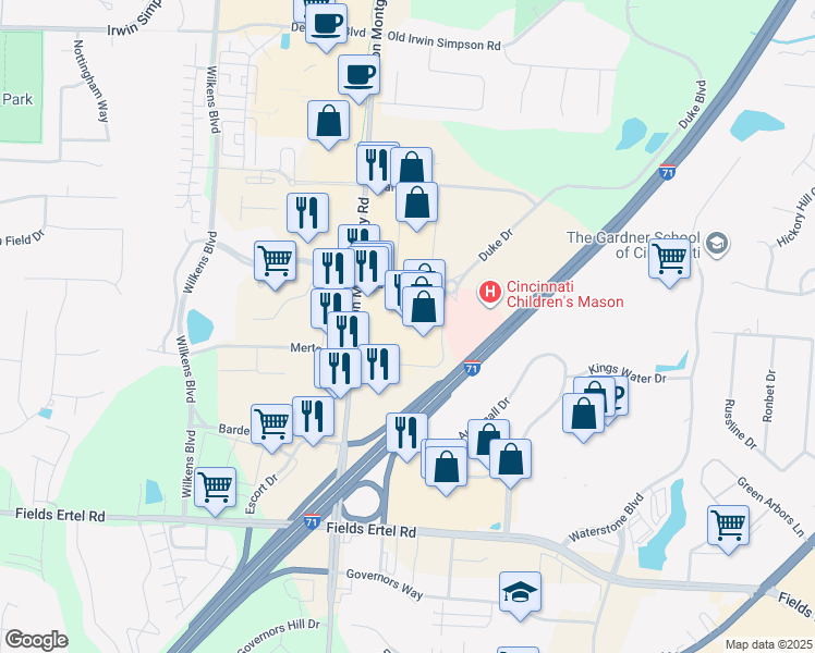 map of restaurants, bars, coffee shops, grocery stores, and more near 9600 Mason Montgomery Road in Mason