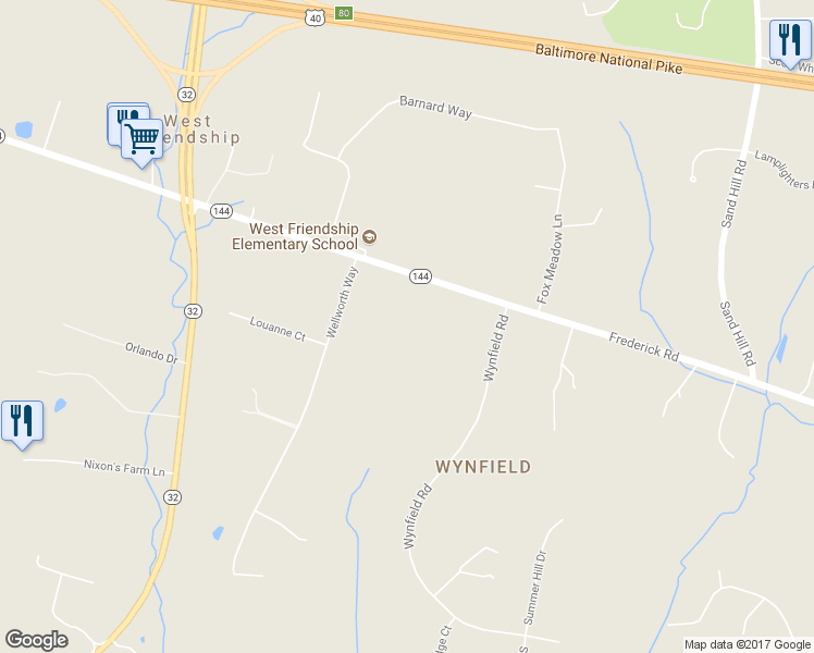 map of restaurants, bars, coffee shops, grocery stores, and more near 12381 Maryland 144 in West Friendship