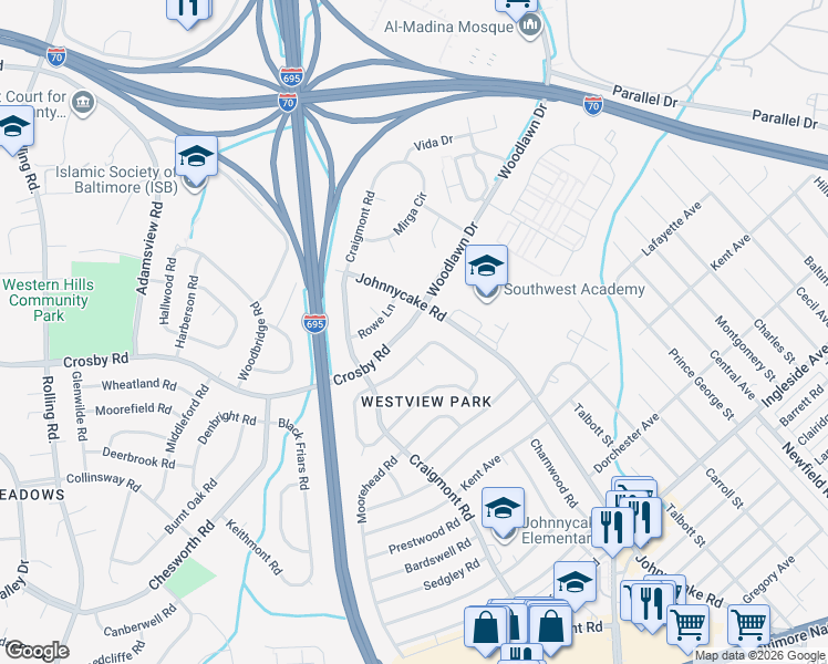 map of restaurants, bars, coffee shops, grocery stores, and more near 1019 Crosby Road in Catonsville