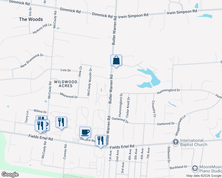 map of restaurants, bars, coffee shops, grocery stores, and more near 9936 Butler Warren Road in Warren County