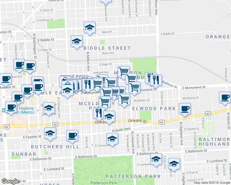 map of restaurants, bars, coffee shops, grocery stores, and more near 2721 East Monument Street in Baltimore