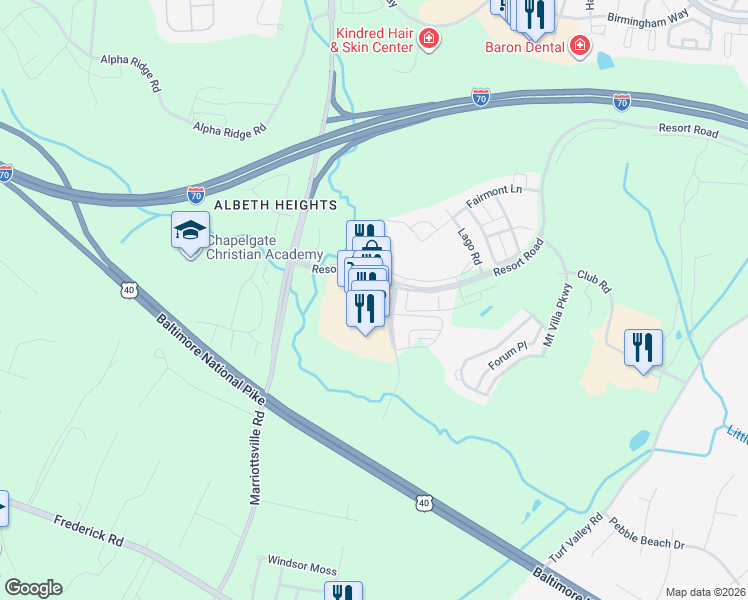 map of restaurants, bars, coffee shops, grocery stores, and more near 11085 Resort Road in Ellicott City