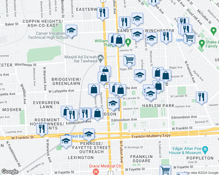 map of restaurants, bars, coffee shops, grocery stores, and more near 1820 West Lafayette Avenue in Baltimore