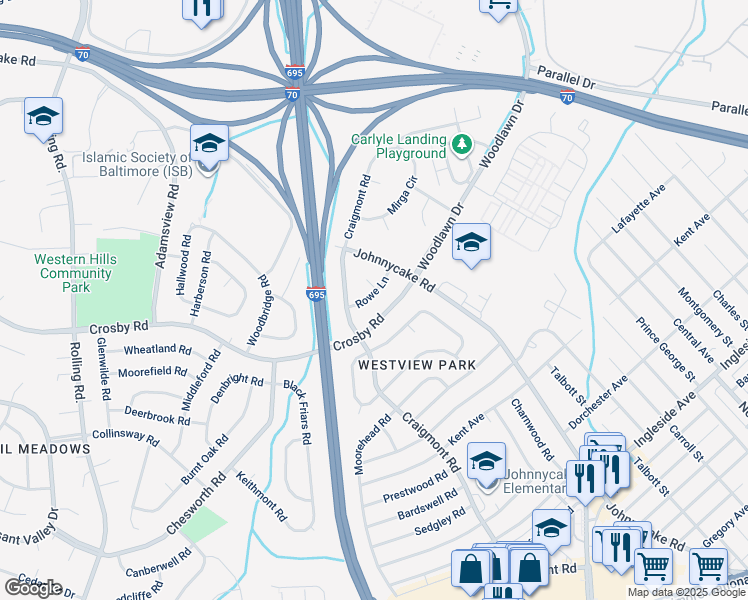 map of restaurants, bars, coffee shops, grocery stores, and more near 1009 Rowe Lane in Catonsville