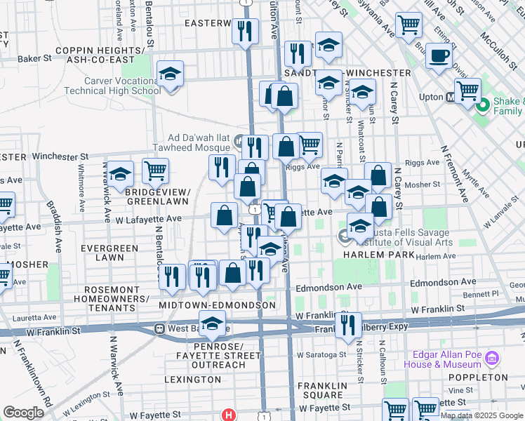 map of restaurants, bars, coffee shops, grocery stores, and more near 1820 West Lafayette Avenue in Baltimore