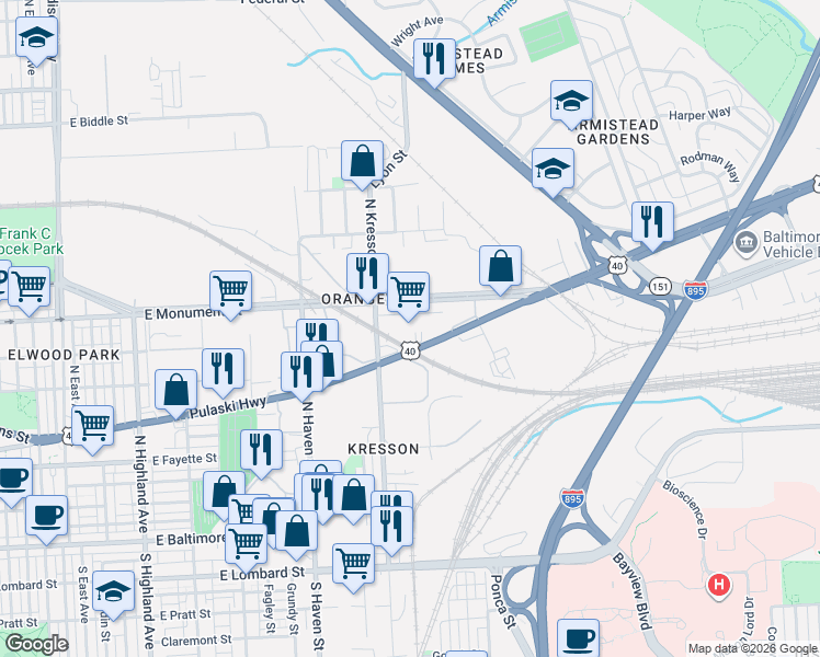 map of restaurants, bars, coffee shops, grocery stores, and more near 4600 Pulaski Highway in Baltimore