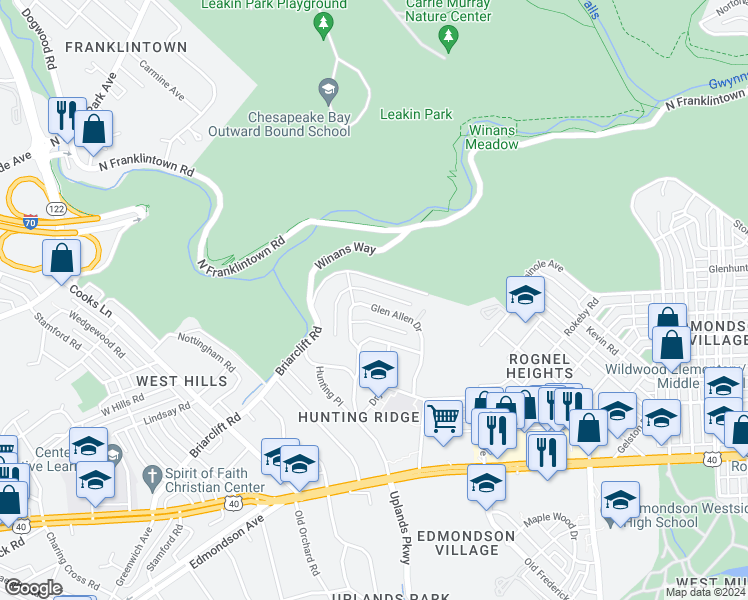 map of restaurants, bars, coffee shops, grocery stores, and more near 831 Glen Allen Drive in Baltimore