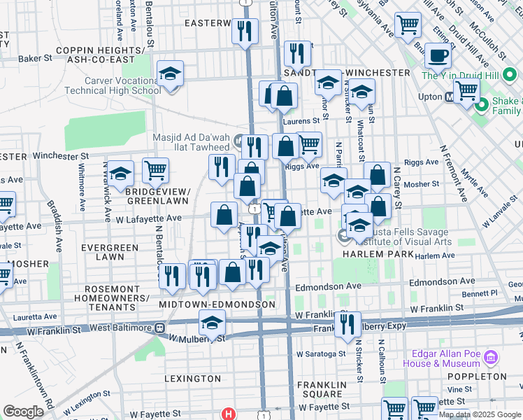 map of restaurants, bars, coffee shops, grocery stores, and more near 1820 West Lafayette Avenue in Baltimore