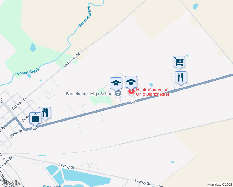 map of restaurants, bars, coffee shops, grocery stores, and more near 953 Cherry Street in Blanchester