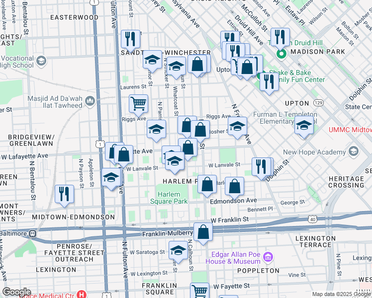 map of restaurants, bars, coffee shops, grocery stores, and more near 1401 West Lafayette Avenue in Baltimore