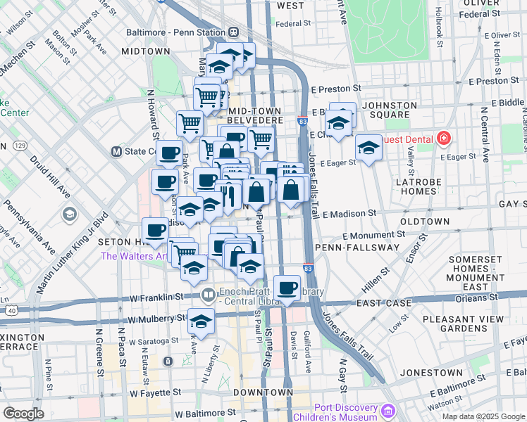 map of restaurants, bars, coffee shops, grocery stores, and more near 807 Saint Paul Street in Baltimore