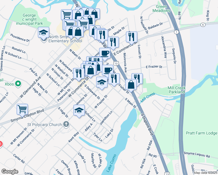 map of restaurants, bars, coffee shops, grocery stores, and more near 16 West Frazier Street in Smyrna