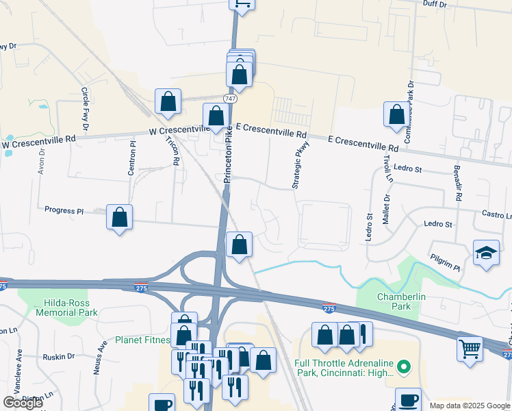 map of restaurants, bars, coffee shops, grocery stores, and more near 401 Lisbon Lane in Cincinnati