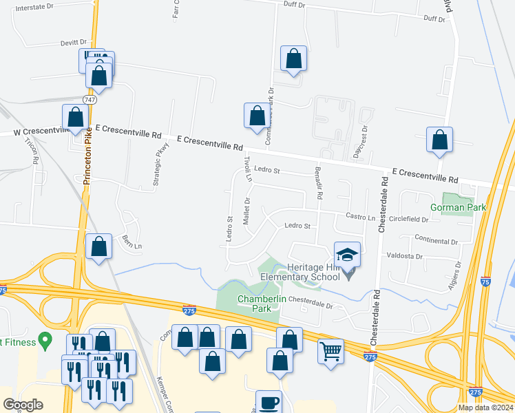 map of restaurants, bars, coffee shops, grocery stores, and more near 12121 Cornavin Court in Cincinnati