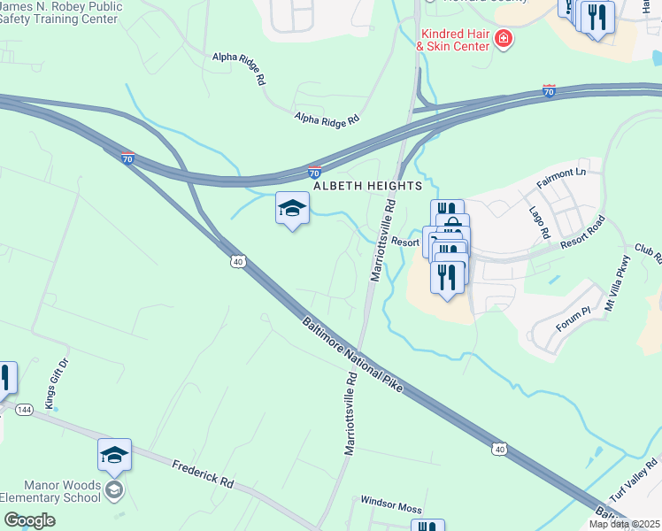 map of restaurants, bars, coffee shops, grocery stores, and more near 11424 Starlight Place in Marriottsville
