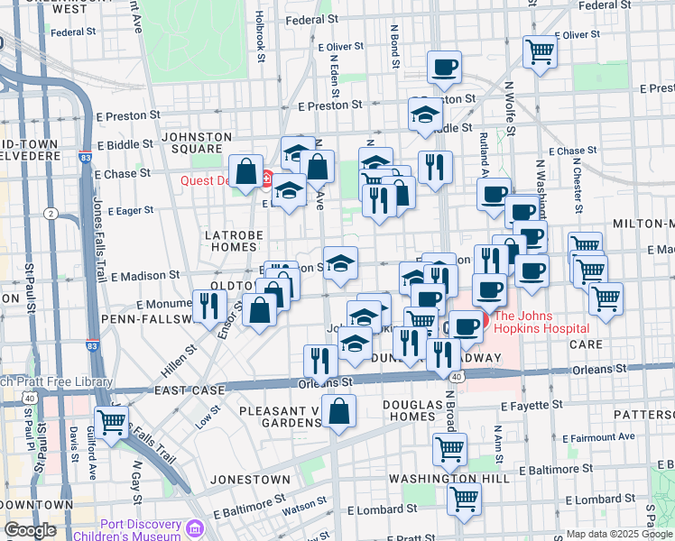 map of restaurants, bars, coffee shops, grocery stores, and more near 1311 East Madison Street in Baltimore