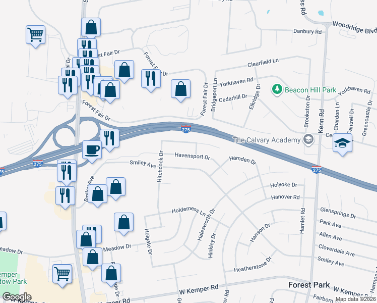 map of restaurants, bars, coffee shops, grocery stores, and more near 981 Havensport Drive in Cincinnati