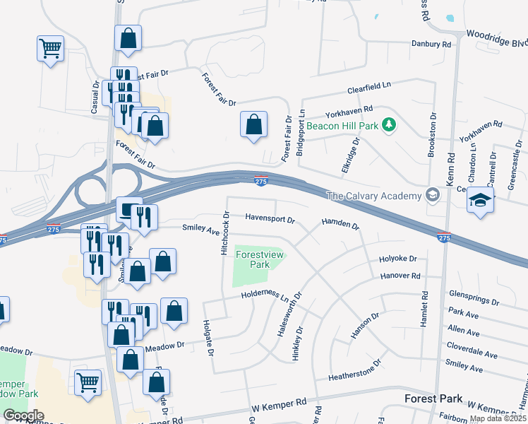 map of restaurants, bars, coffee shops, grocery stores, and more near 981 Havensport Drive in Cincinnati