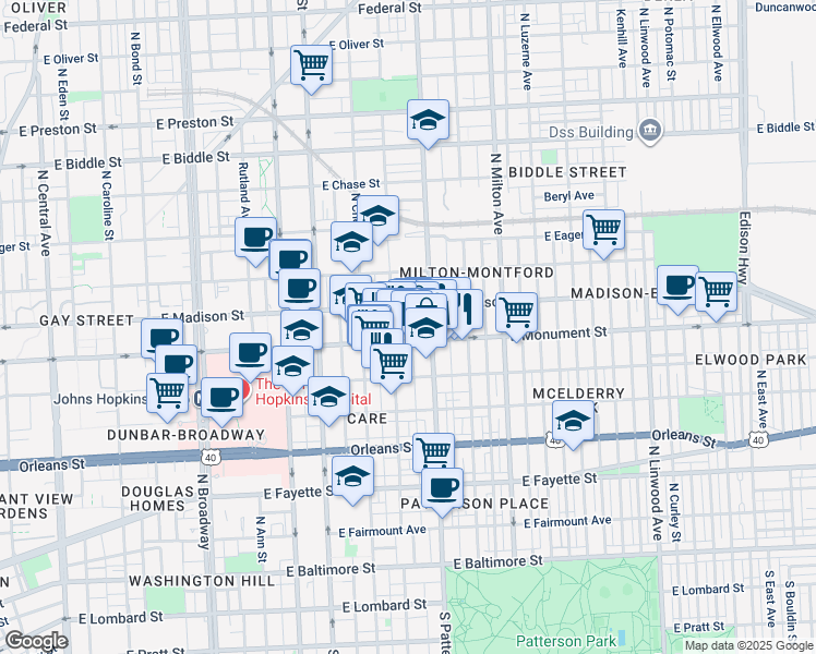 map of restaurants, bars, coffee shops, grocery stores, and more near 704 North Madeira Street in Baltimore
