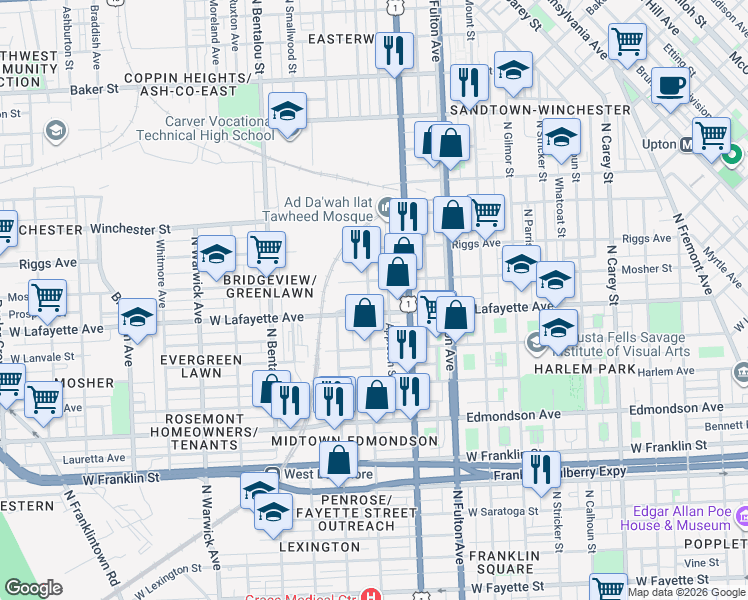map of restaurants, bars, coffee shops, grocery stores, and more near 905 North Payson Street in Baltimore