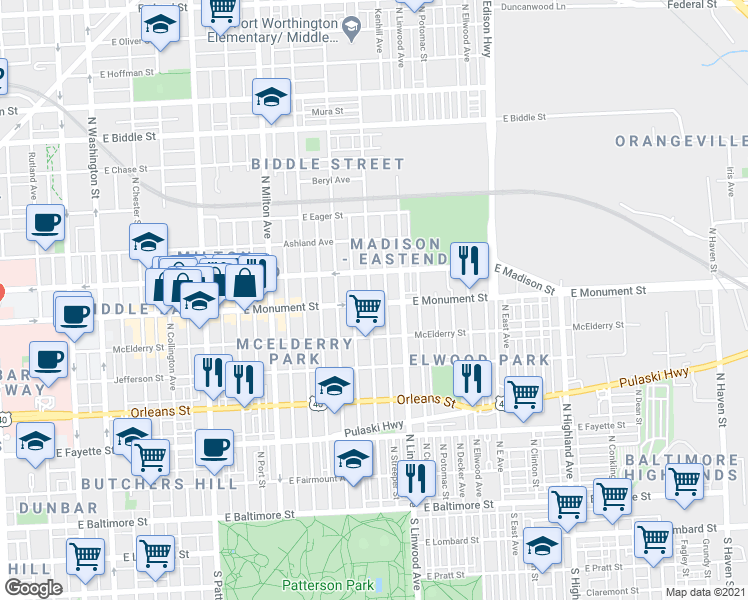 map of restaurants, bars, coffee shops, grocery stores, and more near 701 North Kenwood Avenue in Baltimore