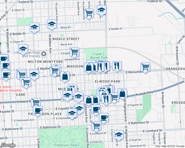 map of restaurants, bars, coffee shops, grocery stores, and more near E Monument St & N Potomac St in Baltimore