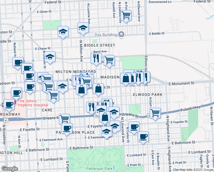 map of restaurants, bars, coffee shops, grocery stores, and more near 2720 East Monument Street in Baltimore