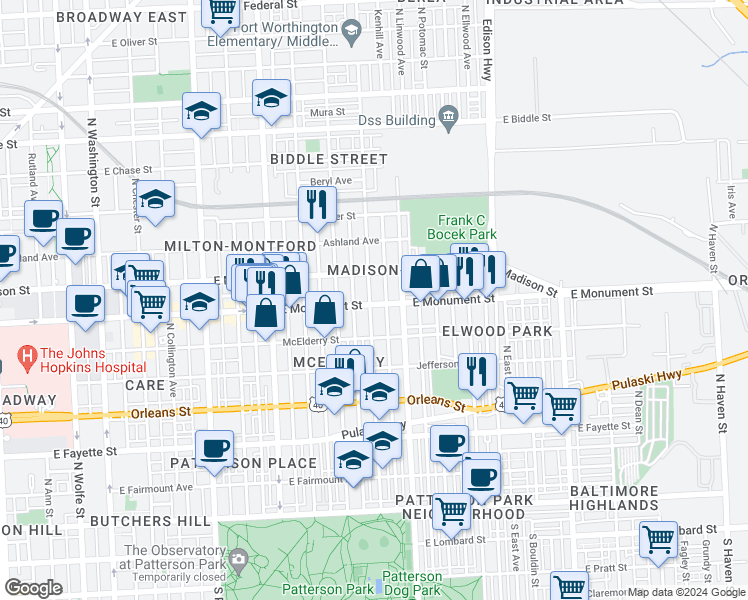 map of restaurants, bars, coffee shops, grocery stores, and more near 703 North Kenwood Avenue in Baltimore