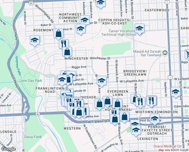 map of restaurants, bars, coffee shops, grocery stores, and more near 2629 Mosher Street in Baltimore