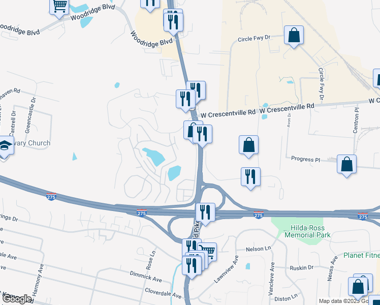 map of restaurants, bars, coffee shops, grocery stores, and more near 12029 Sheraton Lane in Cincinnati