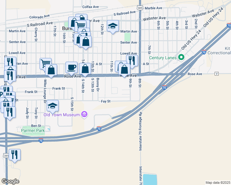 map of restaurants, bars, coffee shops, grocery stores, and more near 1098 Fay Street in Burlington