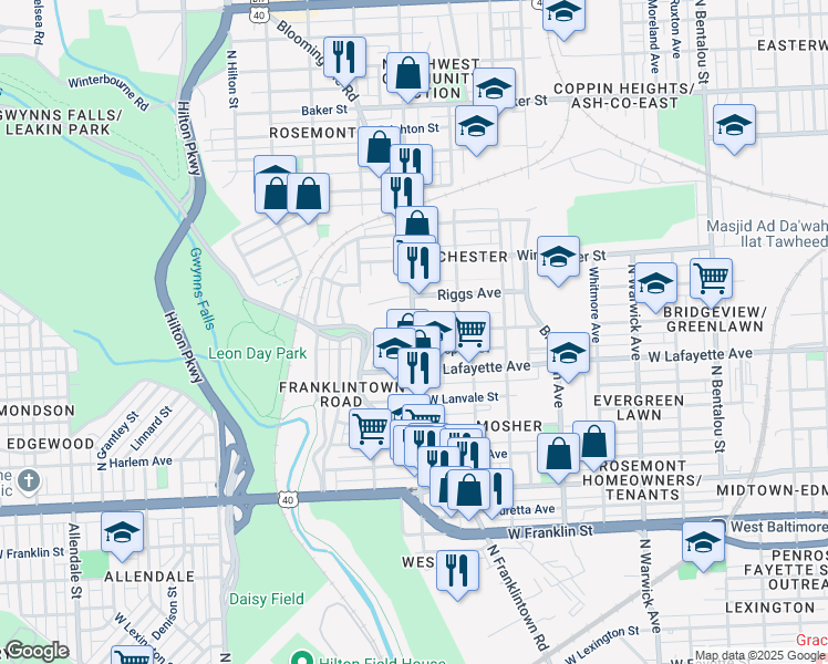 map of restaurants, bars, coffee shops, grocery stores, and more near Mosher St & Poplar Grove St in Baltimore