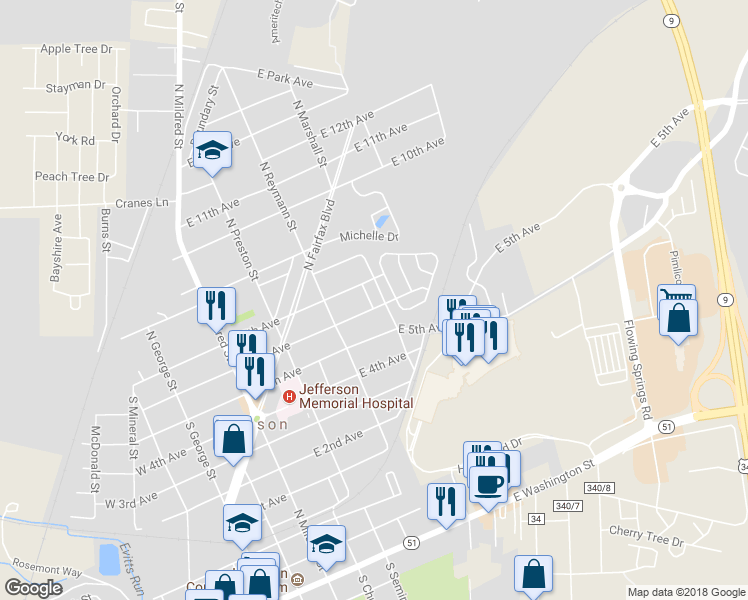 map of restaurants, bars, coffee shops, grocery stores, and more near 108 Lance Street in Ranson