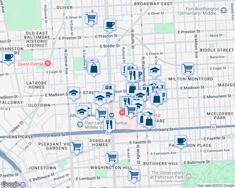 map of restaurants, bars, coffee shops, grocery stores, and more near 733 North Broadway in Baltimore