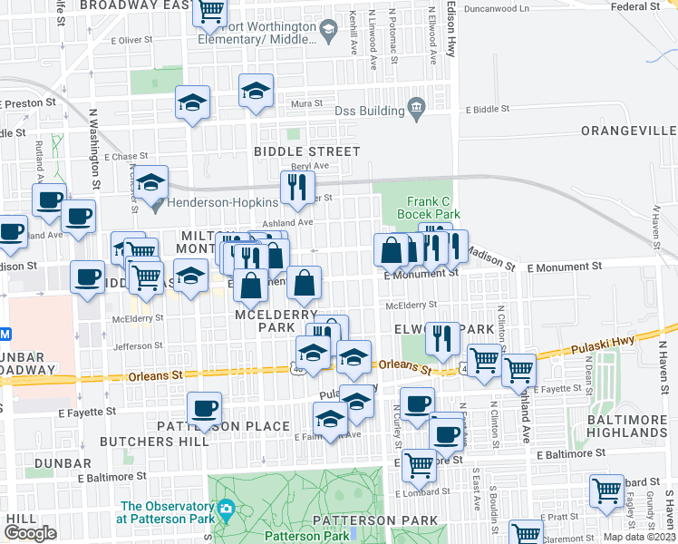 map of restaurants, bars, coffee shops, grocery stores, and more near 706 North Kenwood Avenue in Baltimore