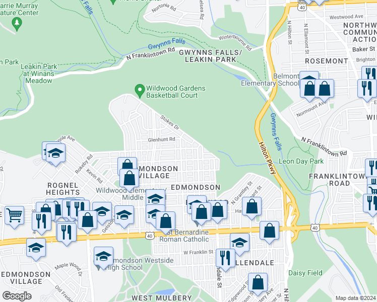 map of restaurants, bars, coffee shops, grocery stores, and more near 3809 Rokeby Road in Baltimore