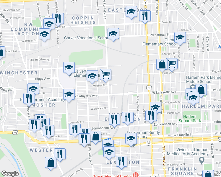 map of restaurants, bars, coffee shops, grocery stores, and more near 923 North Bentalou Street in Baltimore