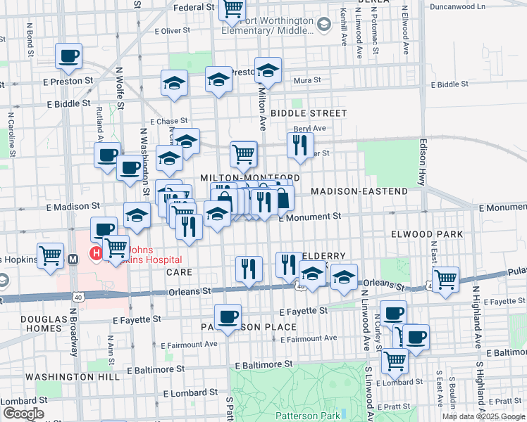 map of restaurants, bars, coffee shops, grocery stores, and more near 706 North Milton Avenue in Baltimore
